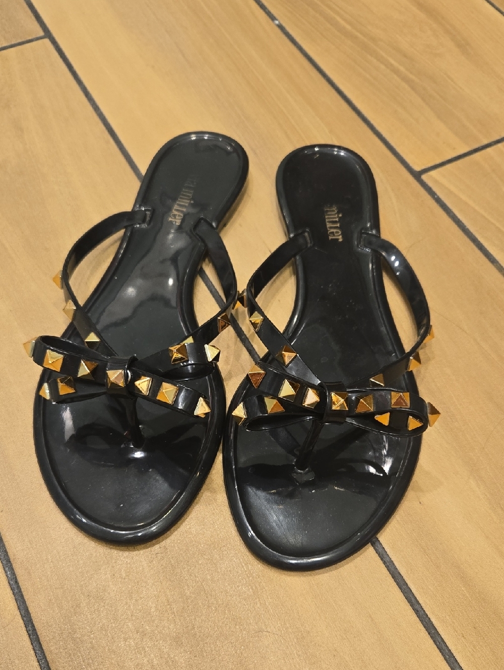 Olivia Miller Black Jelly Sandals with Gold Pyramid Studs